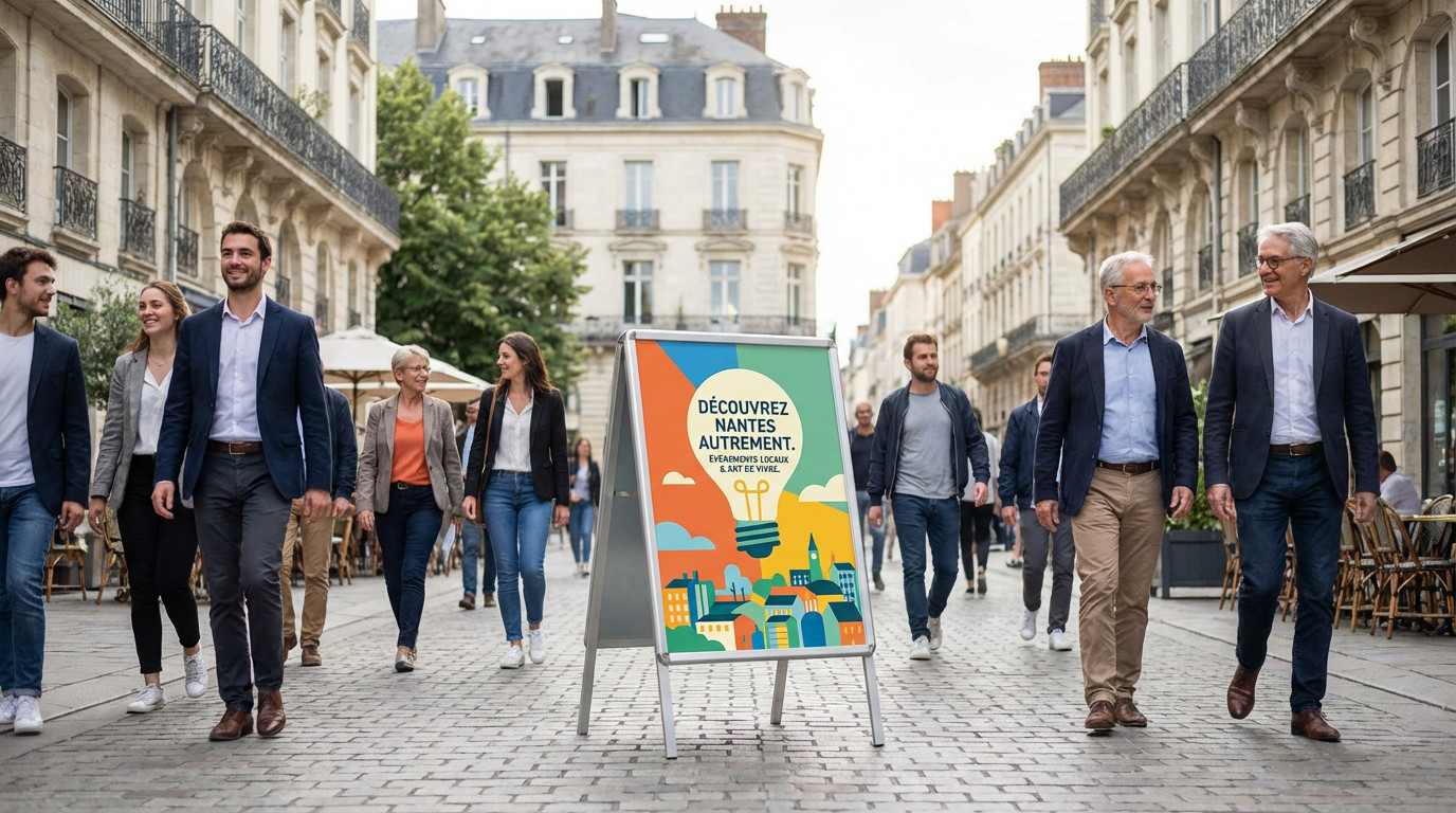 Vue grand-angle d'une rue piétonne animée à Nantes. Un stop trottoir moderne et coloré est au centre, entouré de passants et d'architecture française.