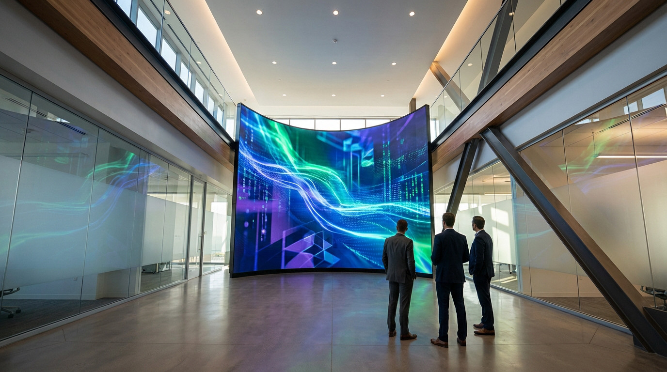Wide shot of three men viewing a vibrant, curved LED wall with blue, green, purple abstract graphics in a sleek corporate lobby.