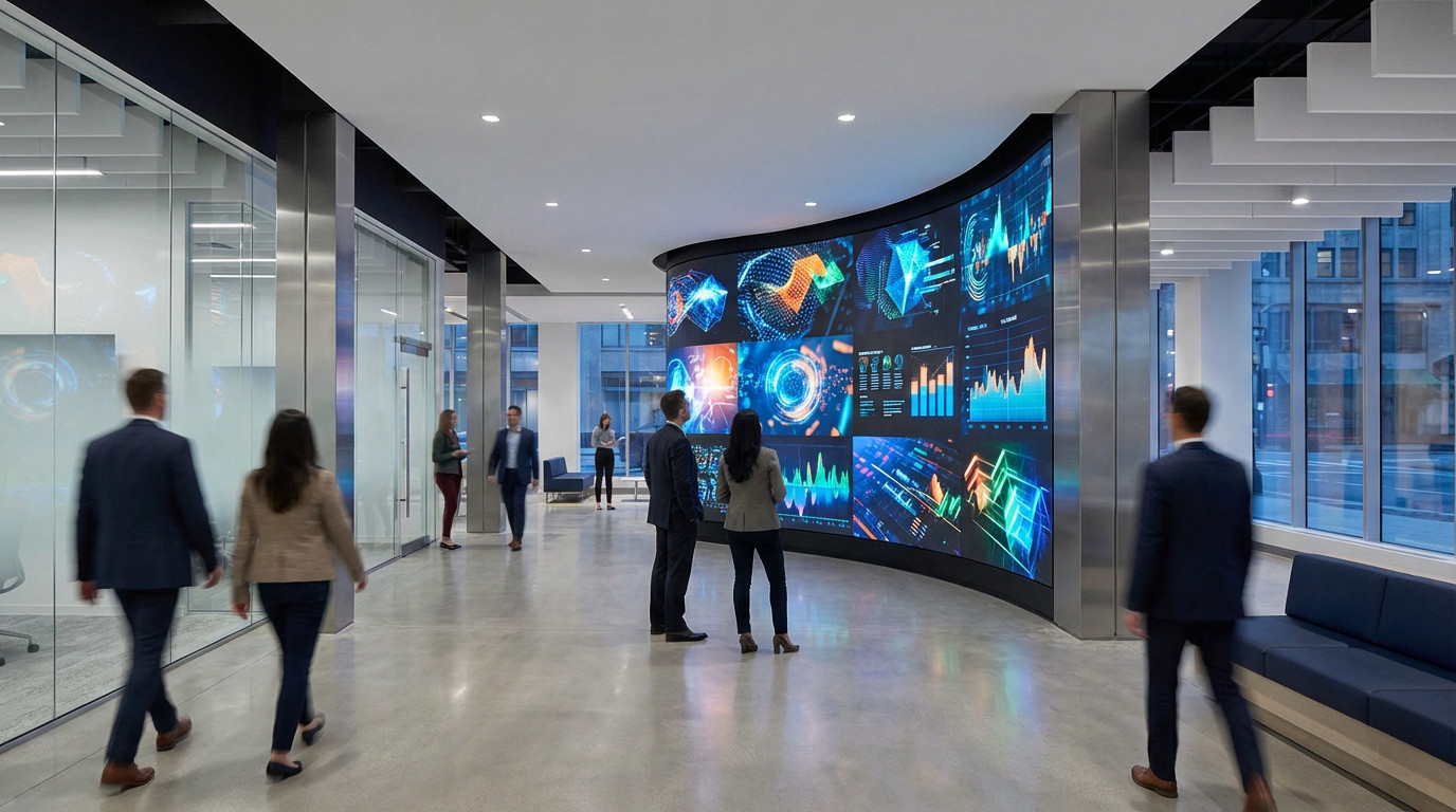 Sleek, modern office interior with a curved wall of vibrant, large-format digital displays showing colorful business graphics. Professionals observe.