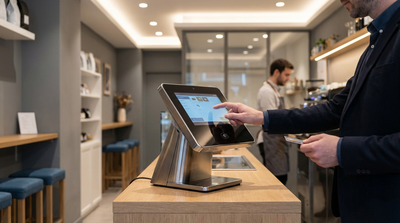 Main touchant un terminal de paiement moderne sur comptoir en bois clair. Un employé est visible en arrière-plan flou, dans un cadre moderne et lumineux.
