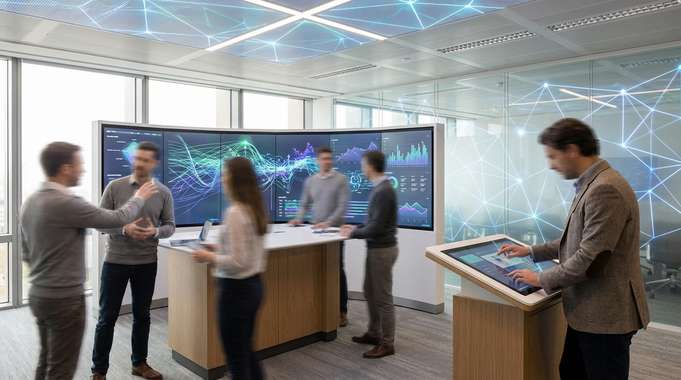 Professionals in a modern office interact with large curved screens showing data visualizations and an interactive tablet, amidst glowing network patterns.
