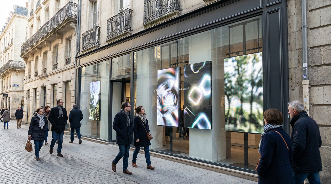 Elegant storefront with vibrant digital screens displaying dynamic content on a bustling urban street. Passersby observe the bright displays.
