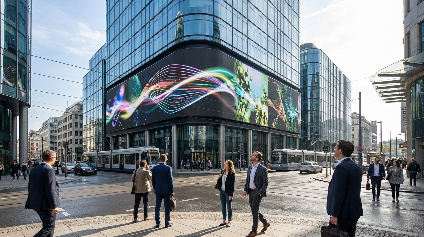 Wide-angle shot of a modern building with a large, vibrant digital screen displaying colorful abstract content. Pedestrians walk by, some looking at the engaging display.