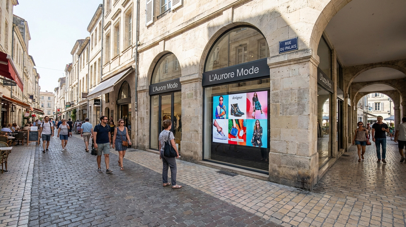 Vibrant digital display with colorful fashion ads on a boutique in a bustling La Rochelle commercial street. Historic stone buildings line the path.