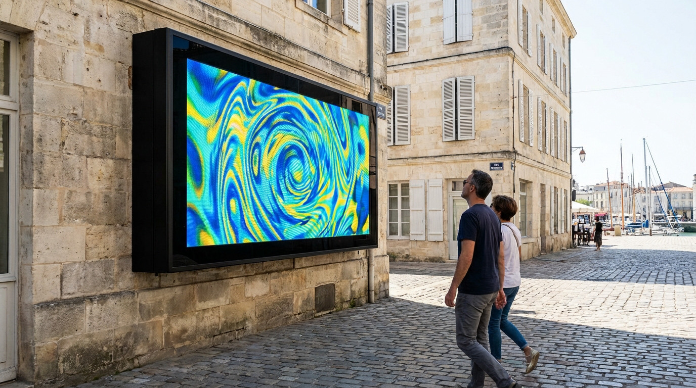 A bright digital screen displaying abstract blue and yellow swirls on a stone building in La Rochelle, with people observing and a port in background.