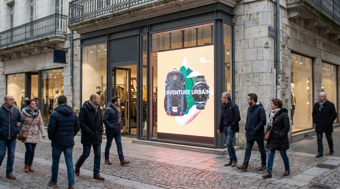 Façade de magasin moderne avec un grand écran LED lumineux diffusant une publicité. Des passants observent l'affichage en ville.