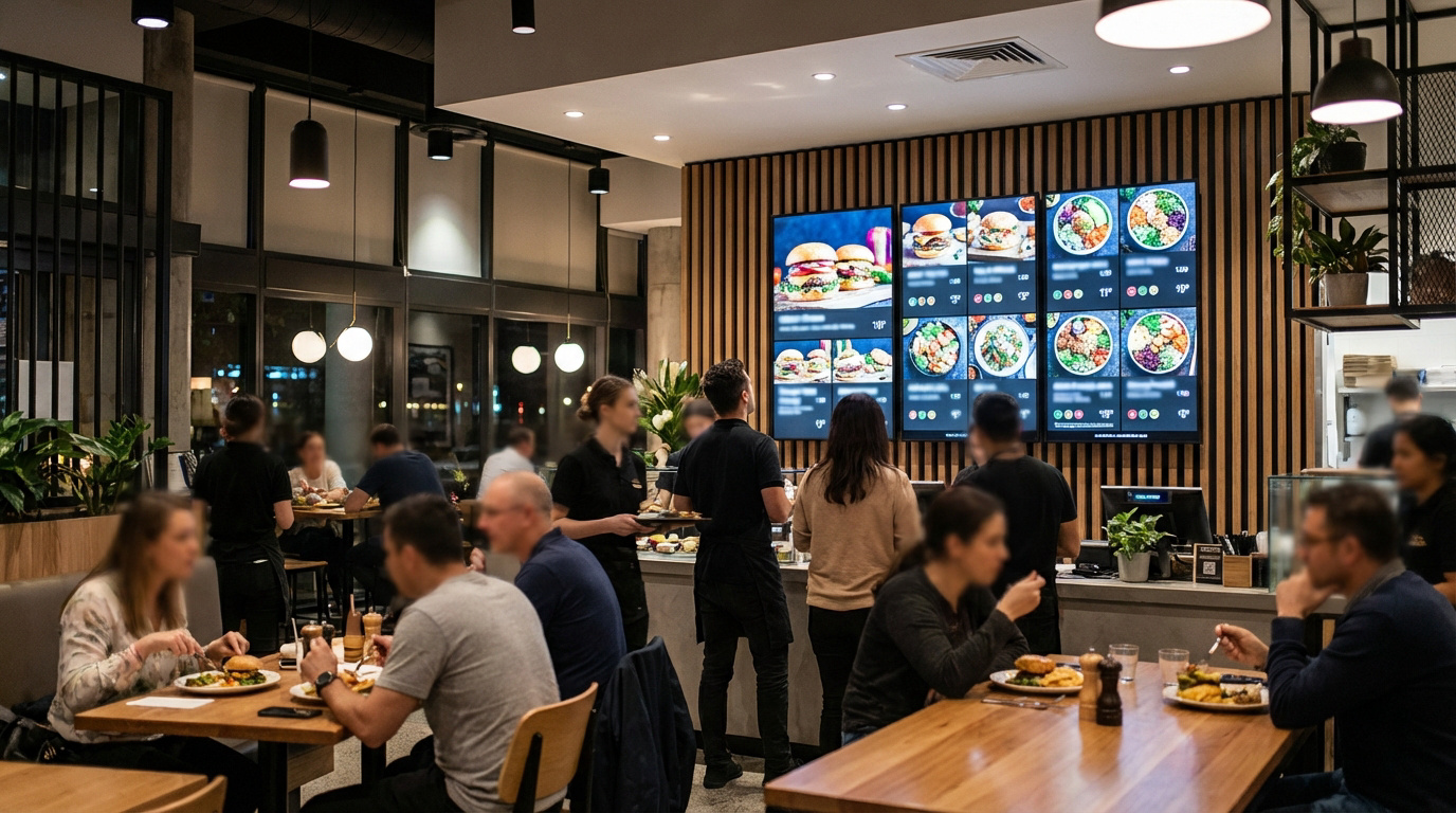 Intérieur d'un restaurant moderne avec plusieurs écrans de menu numériques affichant des burgers et des salades. Des clients mangent à table, des serveurs circulent.