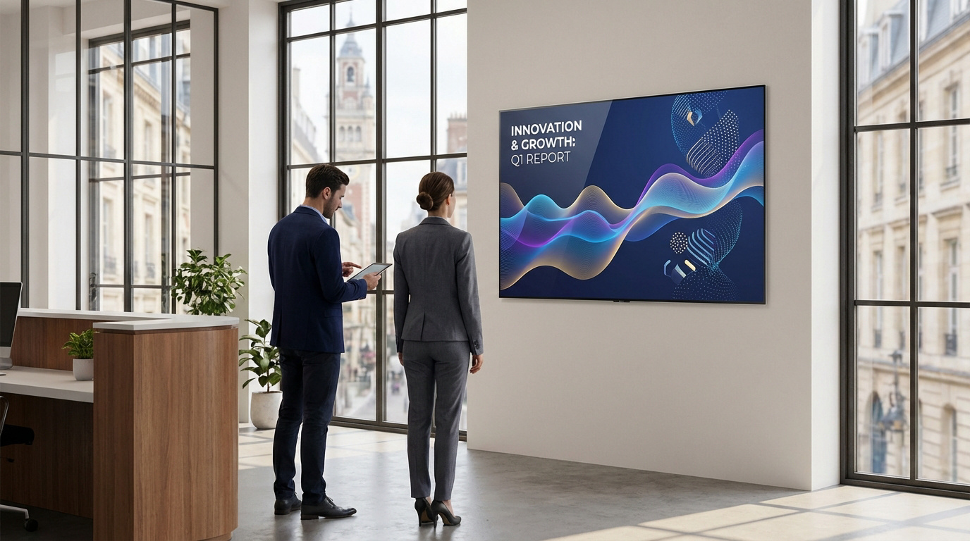 Deux professionnels regardent un grand écran mural Videri affichant un rapport d'innovation dans un bureau lumineux.