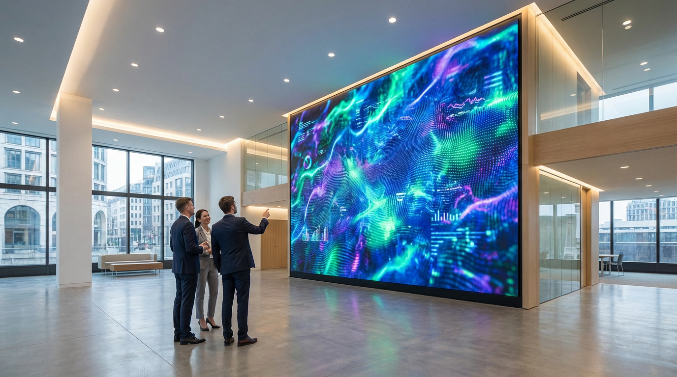 Trois professionnels regardent un immense mur LED affichant des graphiques numériques colorés dans un hall d'entreprise moderne.