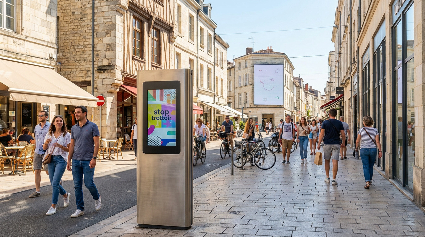 Vibrant La Rochelle street with a prominent "stop trottoir" digital sign. People walk past historic buildings and modern shops under bright daylight.