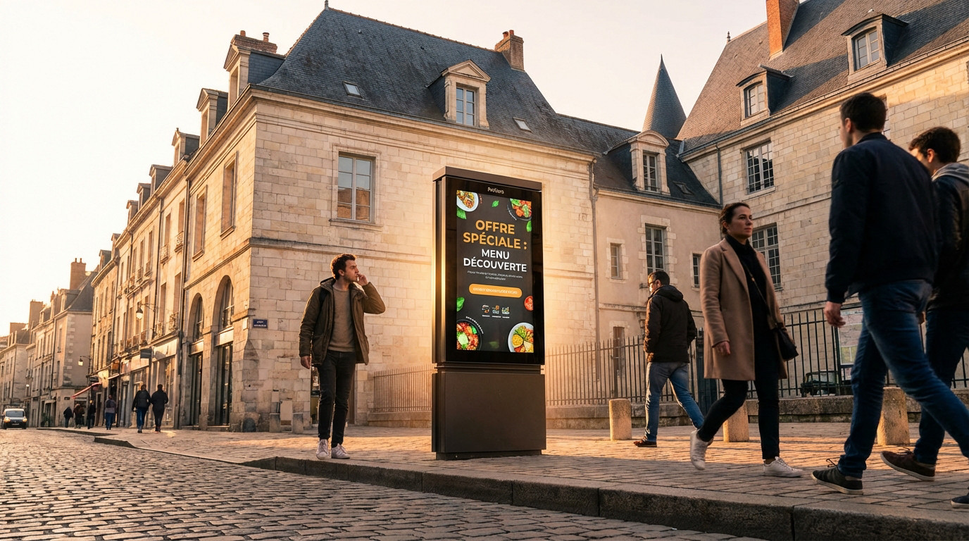 Golden hour in Poitiers: A modern digital display on a cobblestone street shows a special offer, with historical buildings and passersby.