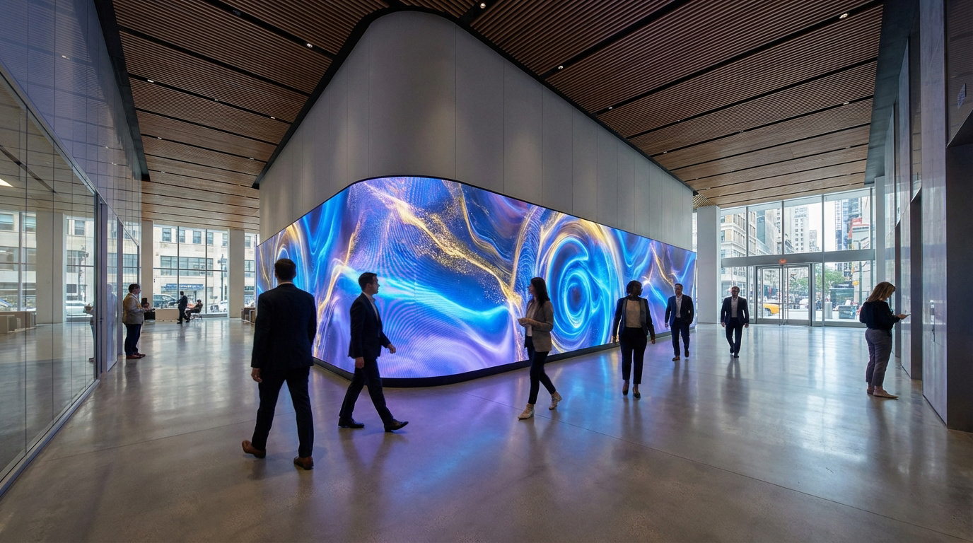 Grand mur LED incurvé diffusant des motifs abstraits bleus et jaunes dans un hall d'entreprise moderne avec des passants.