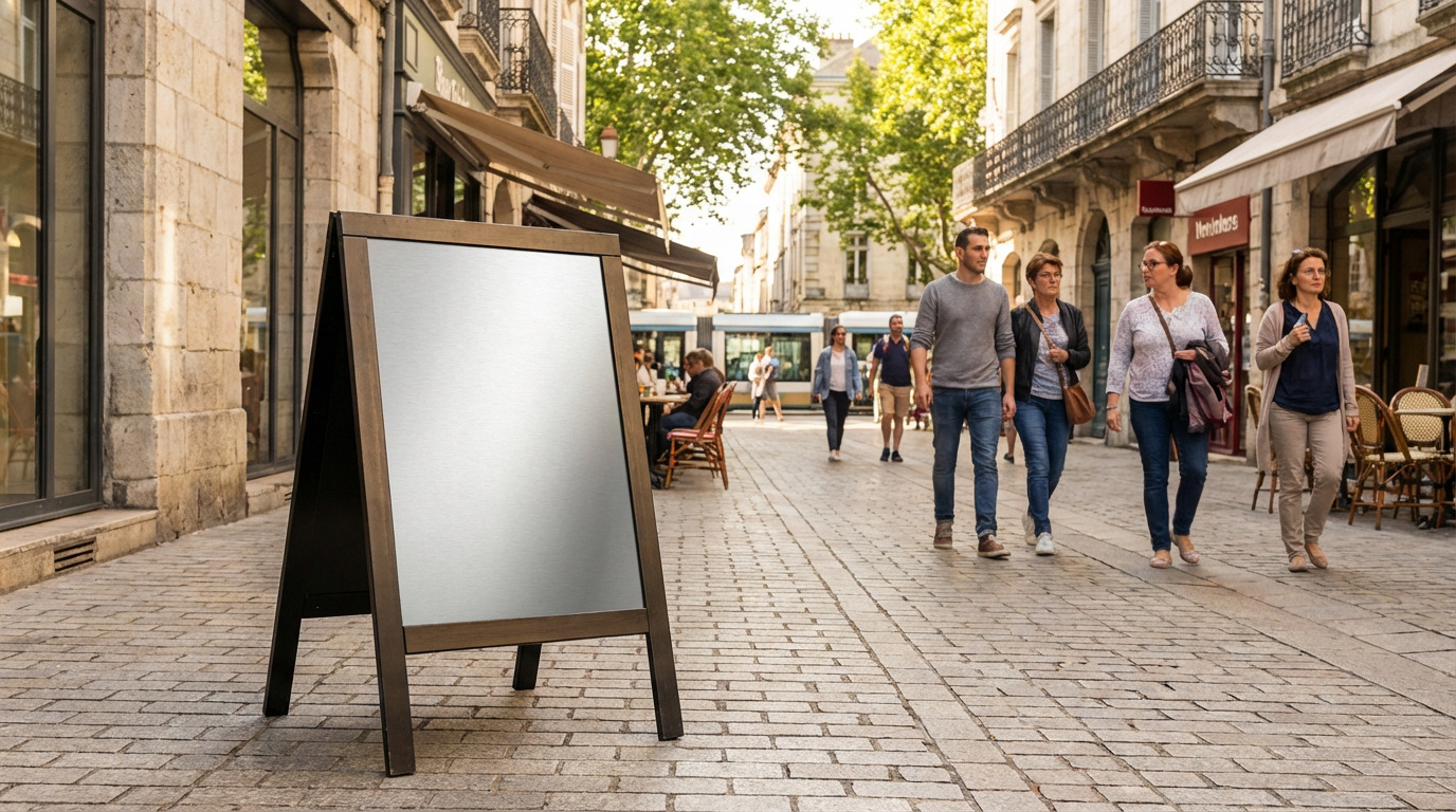 Panneau stop trottoir vierge en bois et métal, situé sur une rue pavée animée de Pau avec des passants et des commerces en arrière-plan.